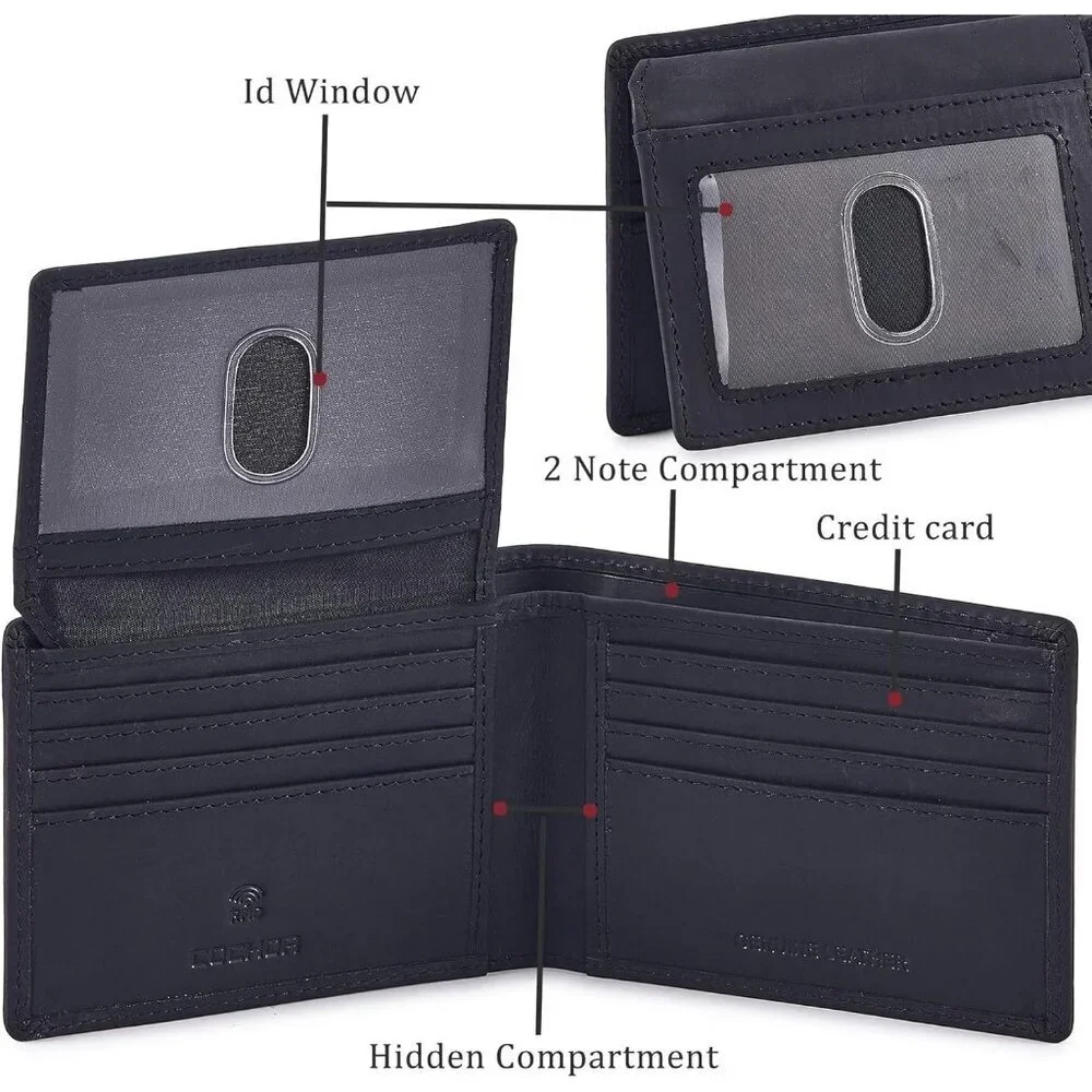 Men's Unique Metal Real Slim Black Genuine Vintage Leather Stylish Wallet